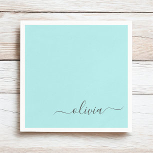 Aqua Blue Teal Girly Script Monogram Name Modern Napkin