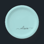Aqua Blue Teal Girly Script Monogram Name Modern Paper Plate<br><div class="desc">Aqua Blue Teal Monogram Add Your Own Name Script Party Plates. This makes the perfect sweet 16 birthday,  wedding,  bridal shower,  anniversary,  baby shower or bachelorette party gift for someone that loves glam luxury and chic styles.</div>