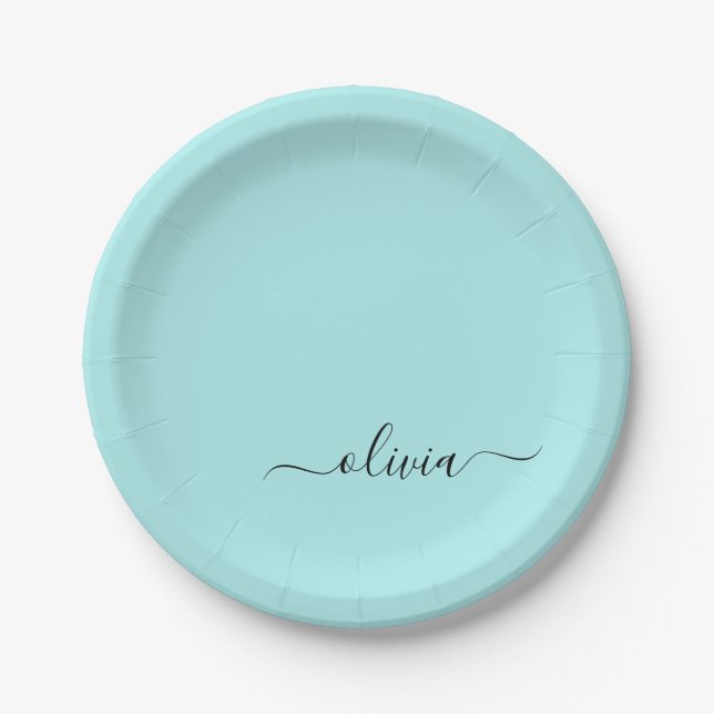 Aqua Blue Teal Girly Script Monogram Name Modern Paper Plate (Front)