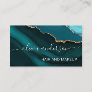 Aqua Blue Teal Gold Agate Geode Hair Makeup Salon Business Card