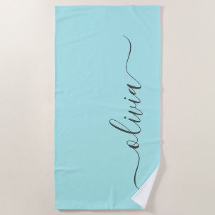 Aqua Blue Teal Modern Script Girly Monogram Name Beach Towel