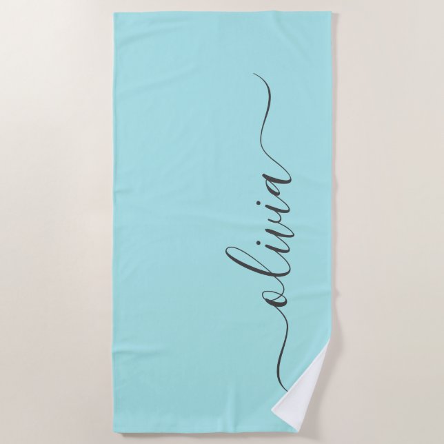 Aqua Blue Teal Modern Script Girly Monogram Name Beach Towel (Front)