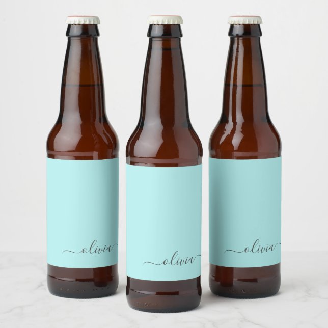Aqua Blue Teal Modern Script Girly Monogram Name Beer Bottle Label (Bottles)