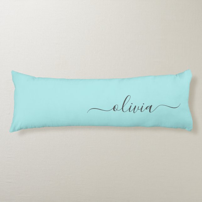Aqua Blue Teal Modern Script Girly Monogram Name Body Cushion (Front)