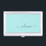 Aqua Blue Teal Modern Script Girly Monogram Name Business Card Holder<br><div class="desc">Aqua Blue Teal Simple Script Monogram Name Business Card Holder. This makes the perfect sweet 16 birthday,  wedding,  bridal shower,  anniversary,  baby shower or bachelorette party gift for someone that loves glam luxury and chic styles.</div>