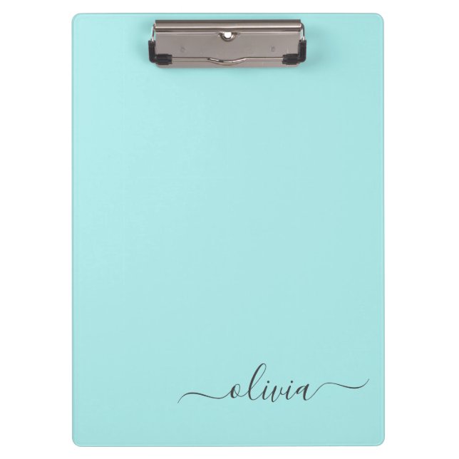 Aqua Blue Teal Modern Script Girly Monogram Name Clipboard (Front)