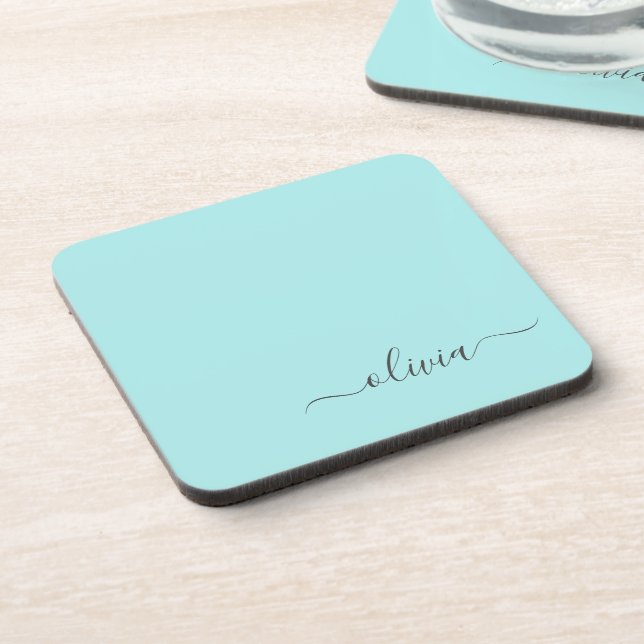 Aqua Blue Teal Modern Script Girly Monogram Name Coaster (Left Side)