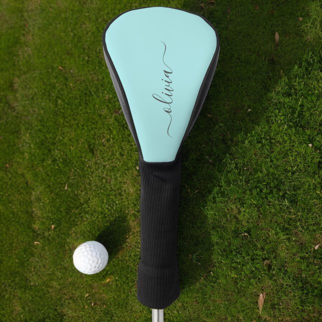 Aqua Blue Teal Modern Script Girly Monogram Name Golf Head Cover (Creator Uploaded)
