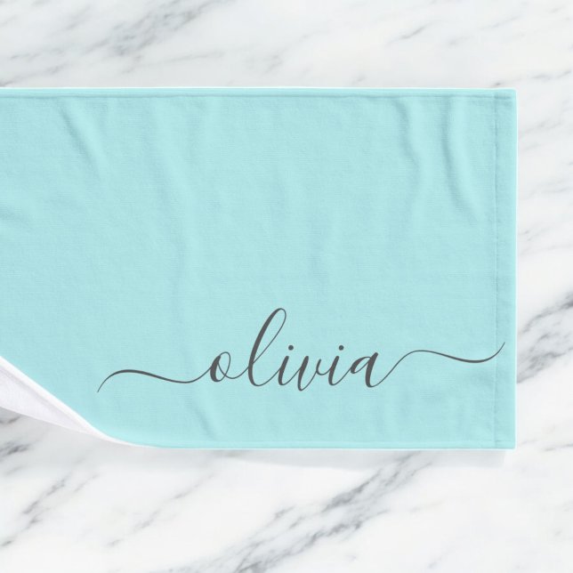 Aqua Blue Teal Modern Script Girly Monogram Name Hand Towel (Creator Uploaded)