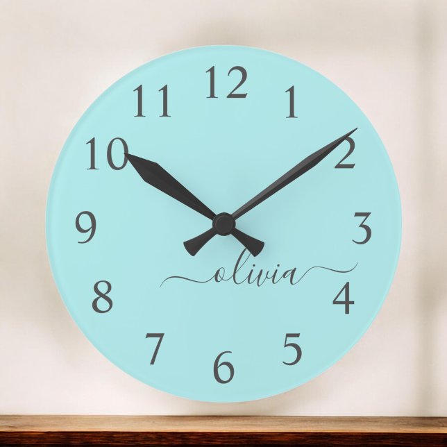 Aqua Blue Teal Modern Script Girly Monogram Name Large Clock (Creator Uploaded)