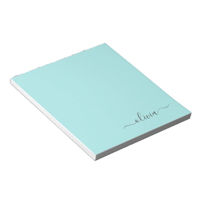 Aqua Blue Teal Modern Script Girly Monogram Name Notepad (Angled)