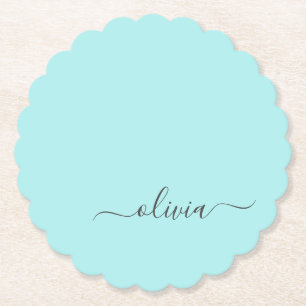 Aqua Blue Teal Modern Script Girly Monogram Name Paper Coaster