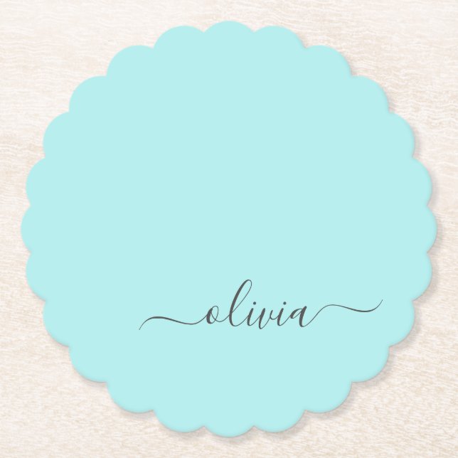 Aqua Blue Teal Modern Script Girly Monogram Name Paper Coaster (Front)