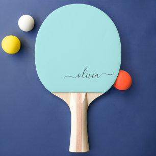 Aqua Blue Teal Modern Script Girly Monogram Name Ping Pong Paddle