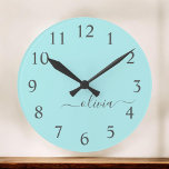 Aqua Blue Teal Modern Script Girly Monogram Name Round Clock<br><div class="desc">Aqua Blue Teal Simple Script Monogram Name Clock. This makes the perfect sweet 16 birthday,  wedding,  bridal shower,  anniversary,  baby shower or bachelorette party gift for someone that loves glam luxury and chic styles.</div>