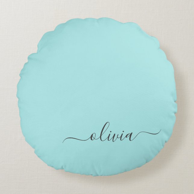 Aqua Blue Teal Modern Script Girly Monogram Name Round Cushion (Front)