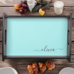 Aqua Blue Teal Modern Script Girly Monogram Name Serving Tray<br><div class="desc">Aqua Blue Teal Simple Script Monogram Name Place Serving Tray. This makes the perfect graduation,  birthday,  wedding,  bridal shower,  anniversary,  baby shower or bachelorette party gift for someone that loves glam luxury and chic styles.</div>
