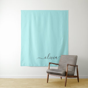 Aqua Blue Teal Modern Script Girly Monogram Name Tapestry