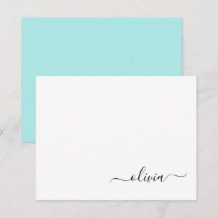 Aqua Blue Teal Modern Script Girly Monogram Name Thank You Card
