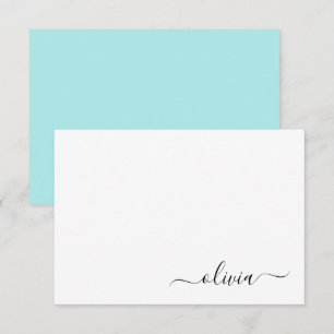 Aqua Blue Teal Modern Script Girly Monogram Name Thank You Card