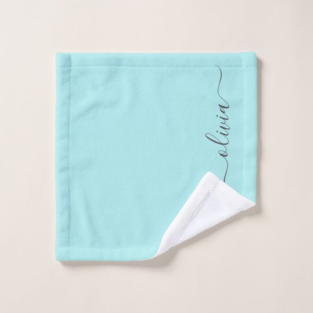 Aqua Blue Teal Modern Script Girly Monogram Name Wash Cloth (Wash Cloth)