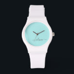 Aqua Blue Teal Modern Script Girly Monogram Name Watch<br><div class="desc">Aqua Blue Teal and White Simple Script Monogram Name Watch. This makes the perfect graduation,  birthday,  wedding,  bridal shower,  anniversary,  baby shower or bachelorette party gift for someone that loves glam luxury and chic styles.</div>