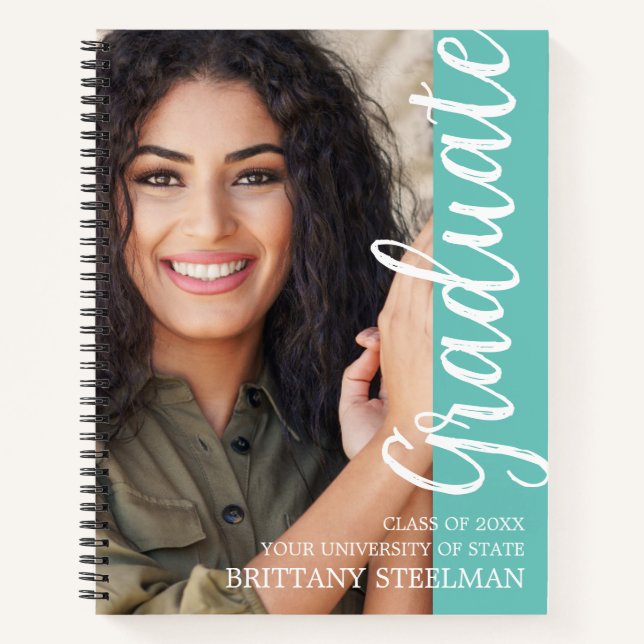 Aqua Blue Teal Modern Script Grad Party Guest Book (Front)