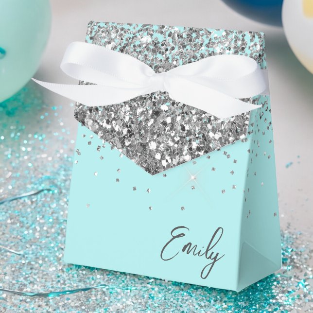 Aqua Blue Teal Silver Girly Glitter Monogram Name Favour Box (Creator Uploaded)