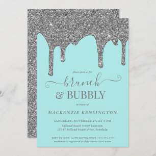 Aqua Blue Teal Silver Glitter Drips Brunch Bubbly Invitation
