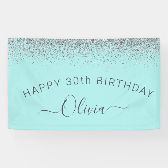Aqua Blue Teal Silver Glitter Monogram Banner (Horizontal)