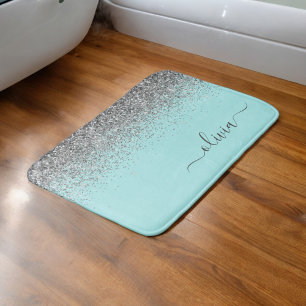 Aqua Blue Teal Silver Glitter Monogram Bath Mat