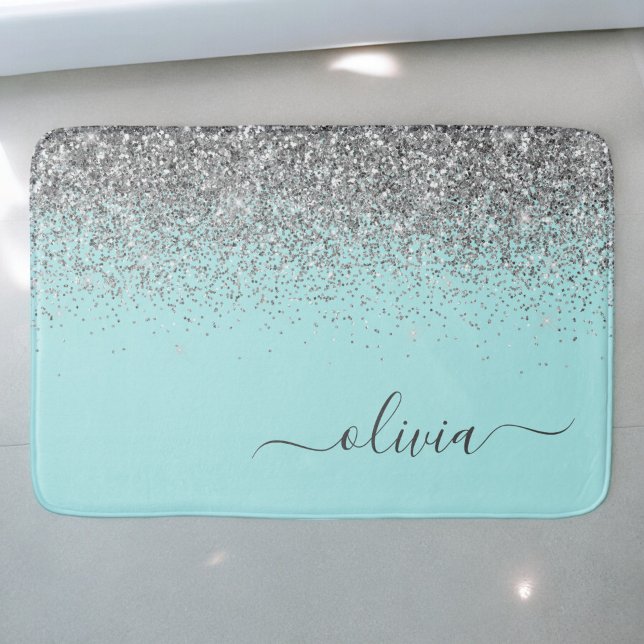 Aqua Blue Teal Silver Glitter Monogram Bath Mat (Creator Uploaded)