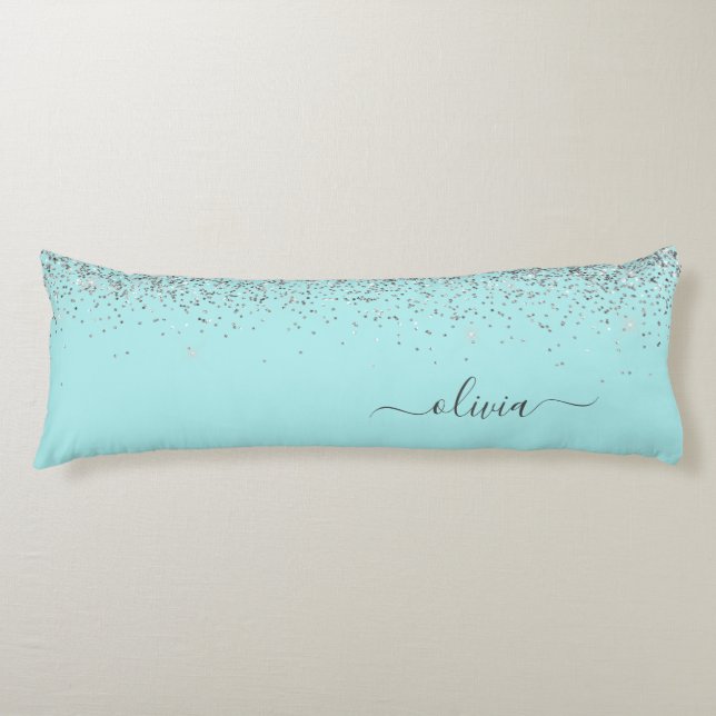 Aqua Blue - Teal Silver Glitter Monogram Body Cushion (Front)