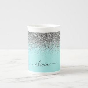 Aqua Blue Teal Silver Glitter Monogram Bone China Mug