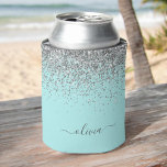 Aqua Blue Teal Silver Glitter Monogram Can Cooler<br><div class="desc">Aqua Blue - Teal and Silver Glitter and Sparkle Elegant Birthday or Bachelorette Party Can Coolers. These Wedding,  Bridal Shower or Birthday Party Can Coolers can be customised to include your first name. Please contact the designer for customised matching items.</div>