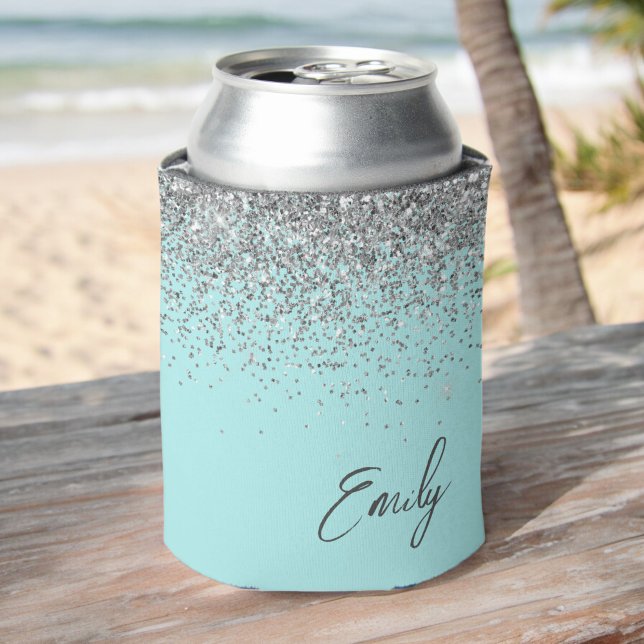 Aqua Blue Teal Silver Glitter Monogram Can Cooler (Creator Uploaded)