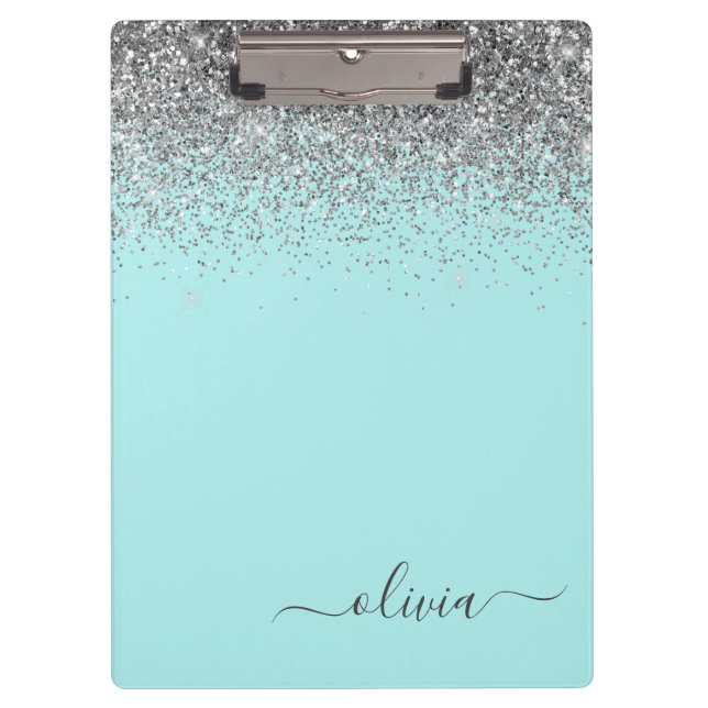 Aqua Blue Teal Silver Glitter Monogram Clipboard (Front)