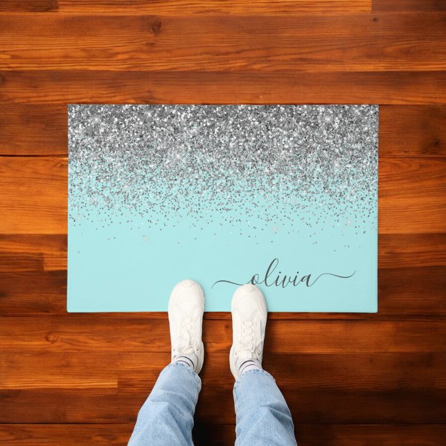 Aqua Blue - Teal Silver Glitter Monogram Doormat (Creator Uploaded)