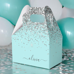 Aqua Blue - Teal Silver Glitter Monogram Favour Box