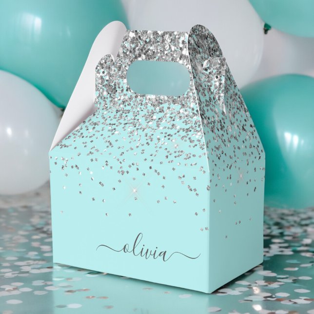 Aqua Blue - Teal Silver Glitter Monogram Favour Box (Creator Uploaded)