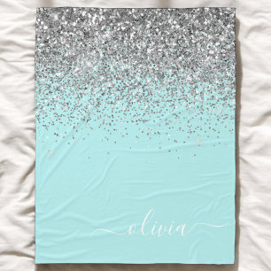 Aqua Blue Teal Silver Glitter Monogram Fleece Blanket