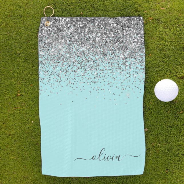 Aqua Blue Teal Silver Glitter Monogram Golf Towel (Creator Uploaded)