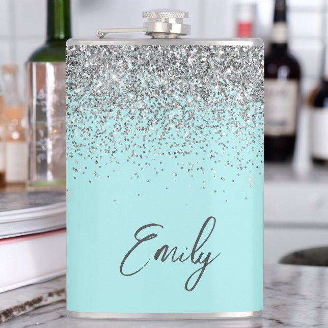 Aqua Blue Teal Silver Glitter Monogram Hip Flask (Creator Uploaded)