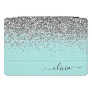 Aqua Blue Teal Silver Glitter Monogram iPad Pro Cover