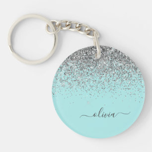 Aqua Blue Teal Silver Glitter Monogram Key Ring
