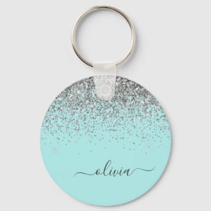 Aqua Blue Teal Silver Glitter Monogram Key Ring