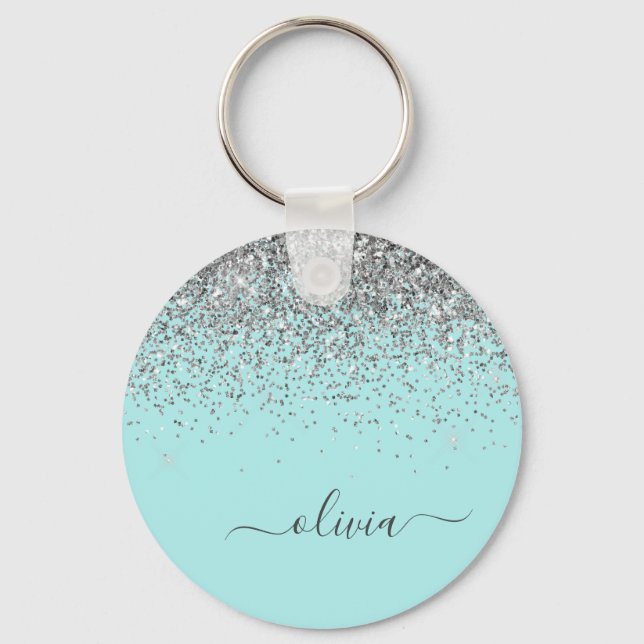 Aqua Blue Teal Silver Glitter Monogram Key Ring (Front)