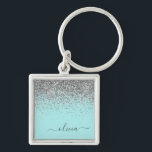 Aqua Blue Teal Silver Glitter Monogram Key Ring<br><div class="desc">Aqua Blue - Teal and Silver Sparkle Glitter Script Monogram Name Keychains (Key Chain). This makes the perfect sweet 16 birthday,  wedding,  bridal shower,  anniversary,  baby shower or bachelorette party gift for someone that loves glam luxury and chic styles.</div>