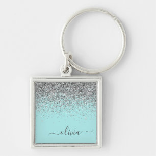 Aqua Blue Teal Silver Glitter Monogram Key Ring