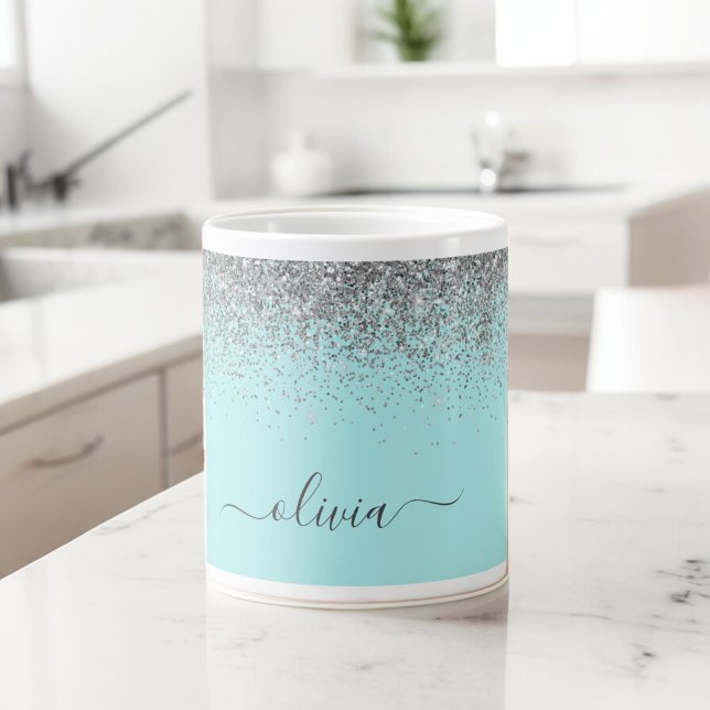 Aqua Blue Teal Silver Glitter Monogram Large Coffee Mug (Creator Uploaded)